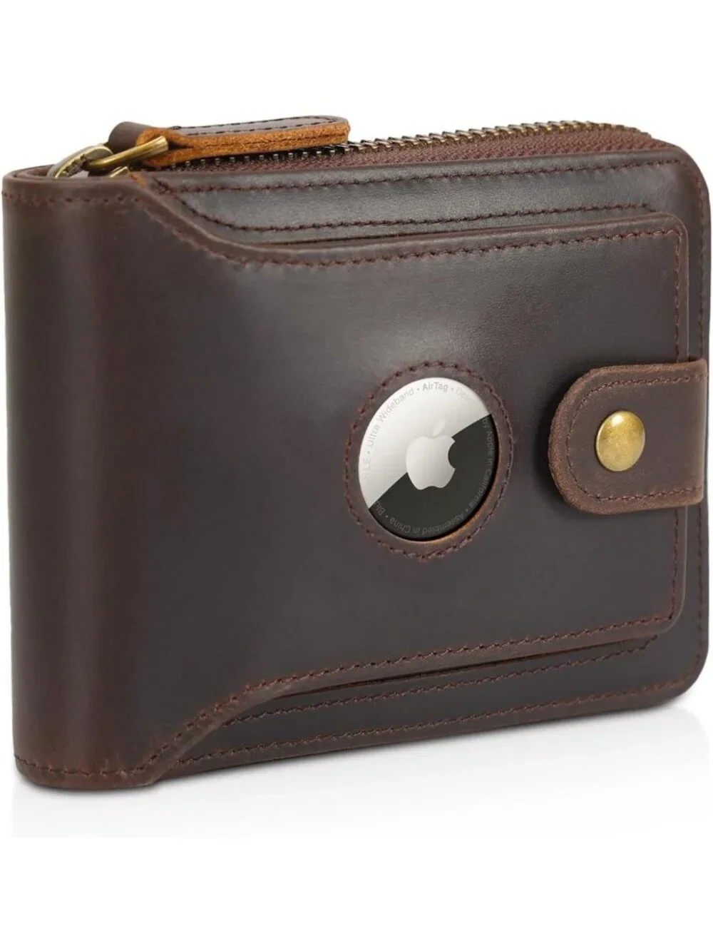 Men's Bifold Leather Wallet - RFID Blocking, Cash & Card Case, Air Tag Slot, Zip